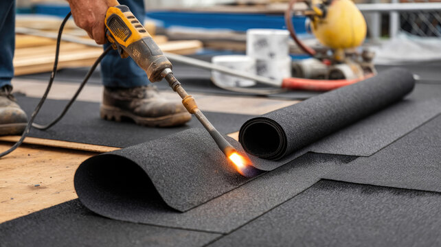 A man is working on a roof with a torch. Concept of danger and caution, as the man is using a hot torch to work on the roof. The image also suggests that the man is skilled