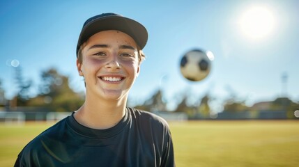 Individual with a soccer ball engaging in fitness activities at a training facility, focused on wellness objectives and a positive mindset. Portrait of a joyful coach or personal trainer