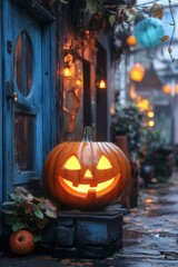 A foggy cemetery is illuminated by the flickering light of countless jack-o’-lanterns