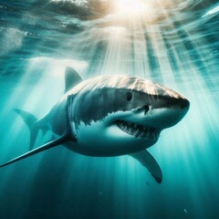 Naklejka premium Great White Shark swimming under sun rays in the blue ocean. 