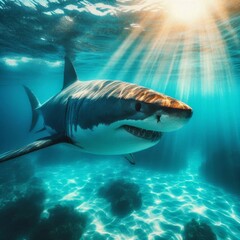 Fototapeta premium Great White Shark swimming under sun rays in the blue ocean.