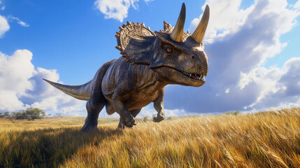 A triceratops-style dinosaur in an open, grassy savannah, with tall grass brushing against its...