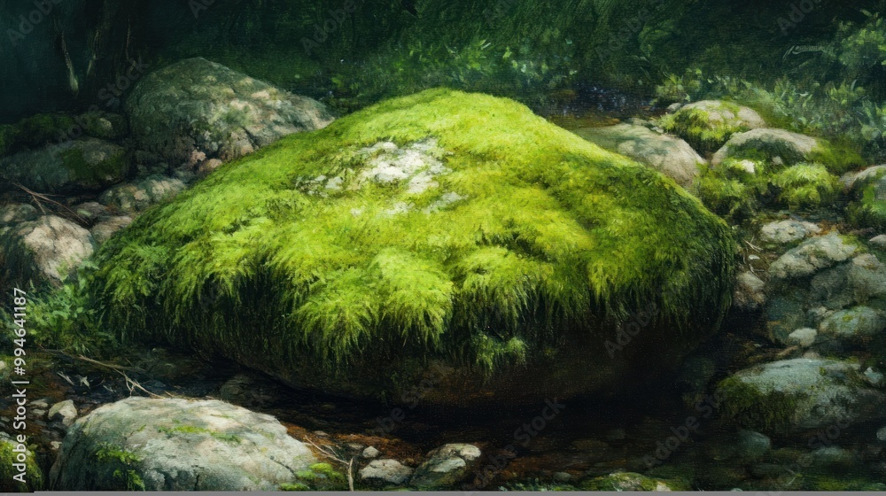 Poster moss-covered boulder in a forest stream
