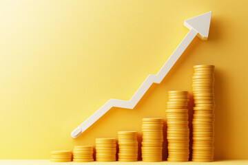 graph of gold coins stacked and white staggered arrow pointing upward, 3D on yellow background