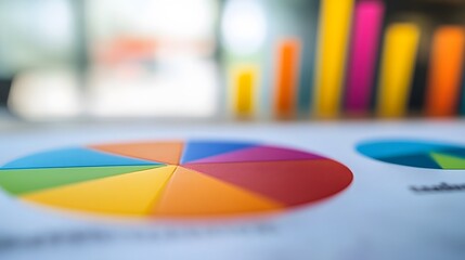 Obraz premium A Close-Up View of a Colorful Pie Chart on a White Surface with Blurred Bars in the Background