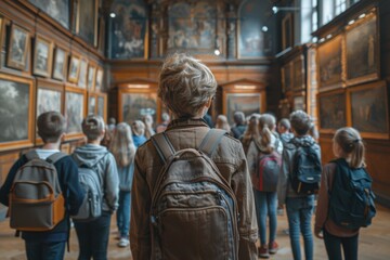 Many people standing in a room with paintings on the walls, students visiting cultural