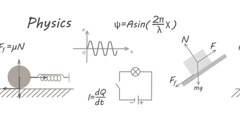 Seamless border of Physics icons, electric current, friction, wave and types on a white background. Vector illustration for wallpaper, school supplies, print.