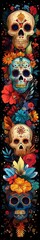 Obraz premium This vibrant vertical illustration features colorful Day of the Dead skulls adorned with intricate floral patterns, symbolizing life and death. Ideal for festive and cultural themes