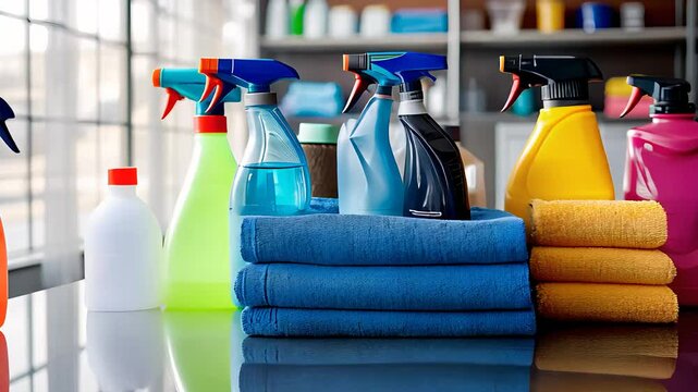 Assorted cleaning supplies with colorful spray bottles, cloths, and detergents neatly arranged, representing home cleaning, hygiene, and organization.

