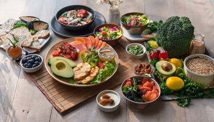 A tranquil scene highlighting a balanced meal with nutritious foods for mindful eating and a healthy lifestyle.