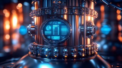 Close-up of a frosted stainless steel tank in a cold storage facility, with condensation pooling at the bottom, capturing the cold, industrial atmosphere