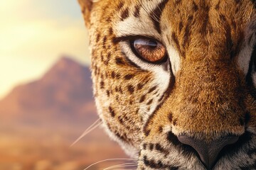 Obraz premium Close-up of a majestic leopard, showcasing its stunning fur and intense gaze against a blurred natural background.