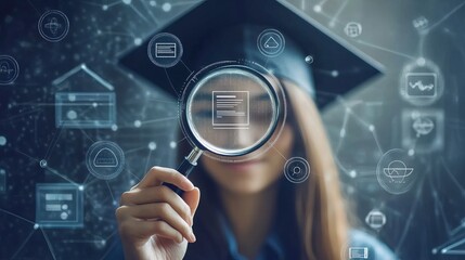 Teacher holding a magnifying glass over a graduation hat Symbolizing education elearning and creative thinking with a focus on online degree programs and knowledge acquisition