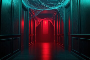 Eerie hallway with spider webs and red lighting, creating a haunting atmosphere.