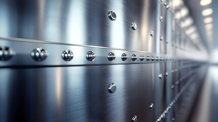 Obraz premium Close-up view emphasizing the mechanical perfection of rivets and the smooth, reflective welding seams on a stainless steel tank, with light playing on the surface