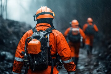 Fototapeta premium Firefighters wearing protective gear walking through a rain-soaked forest on a rescue mission.