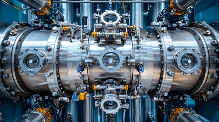 Detailed top-down shot of a stainless steel tank, showcasing its intricate valve mechanisms and piping arrangements