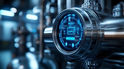 Fototapeta premium Digital temperature gauge on a shiny stainless steel tank, intricate details with holographic interface, futuristic, high-tech, metallic textures, soft blue ambient lighting