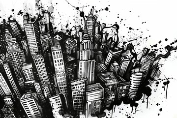 Urban ink cityscape: abstract black and white skyline art
