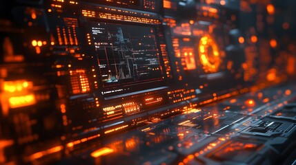 Obraz premium Futuristic industrial tank with sleek digital panels and holographic displays, surrounded by abstract glowing lines and grids in a dark metallic environment, Techno-Futuristic