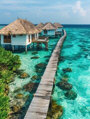 Serene Tropical Escape: Overwater villas, turquoise sea, perfect vacation.
