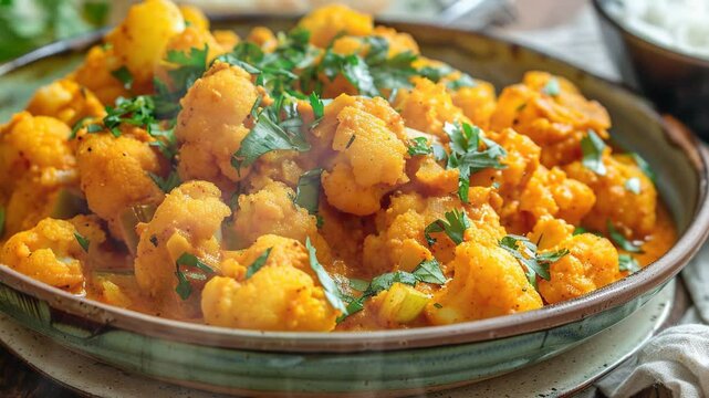 Aloo Gobi on the table moves with smoke around