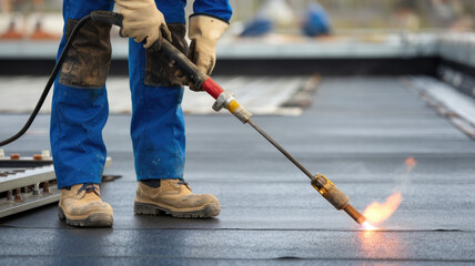 A man is using a torch to heat a roof. Concept of danger and caution, as the man is working with a potentially hazardous tool. The bright orange flame of the torch contrasts with the dark roof