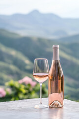 Bottle of rose wine and glass on a wooden outdoor table overlooking the mountains.