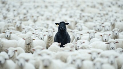 A lone black sheep standing boldly in a sea of white sheep, capturing contrast and individuality in a minimalist style