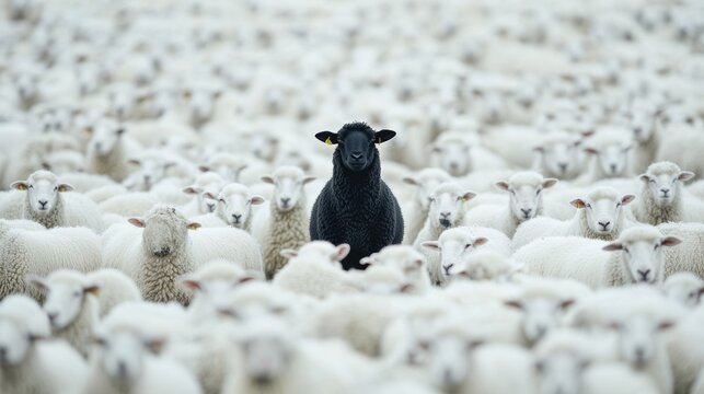 A lone black sheep standing boldly in a sea of white sheep, capturing contrast and individuality in a minimalist style
