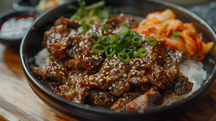 Bulgogi served with a side of rice and kimchi, captured using an ultra HD camera with a ring light for even illumination