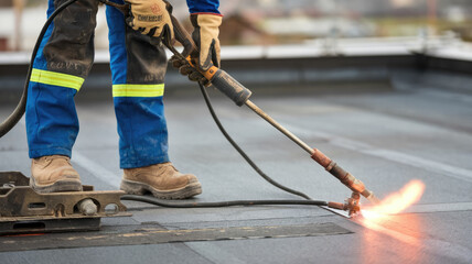 A man is using a torch to heat a roof. Concept of danger and caution, as the man is working with a potentially hazardous tool. The bright orange flame of the torch contrasts with the dark roof