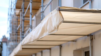 Fototapeta premium Close-up of durable, weatherproof canvas stretched across metal frames, protecting a building under renovation, scaffolding visible in the background