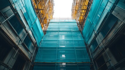 Fototapeta premium Close-up of durable, weatherproof canvas stretched across metal frames, protecting a building under renovation, scaffolding visible in the background
