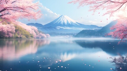 Fototapeta premium Serene lakeside scene in Japan with cherry blossoms and Mount Fuji reflecting in the water, soft mist in the background.