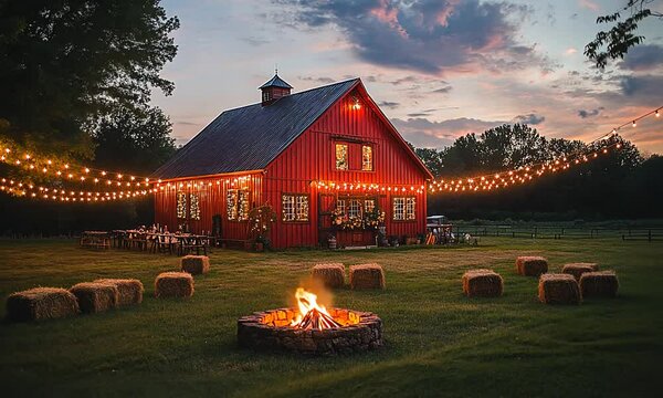 Cozy barn with lights and a fire pit at sunset.