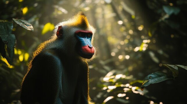 A mandrill monkey sits in a forest clearing, bathed in the golden light of the sun.