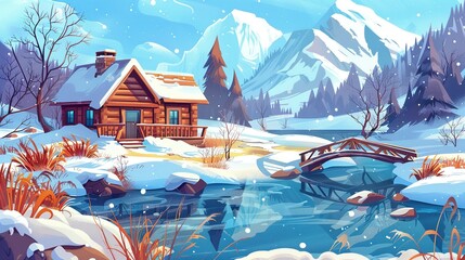 A Wooden Cabin Nestled in a Snowy Mountain Valley