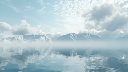 Naklejka premium Serene winter landscape with snowy mountains reflected in still water under cloudy sky, perfect for backgrounds