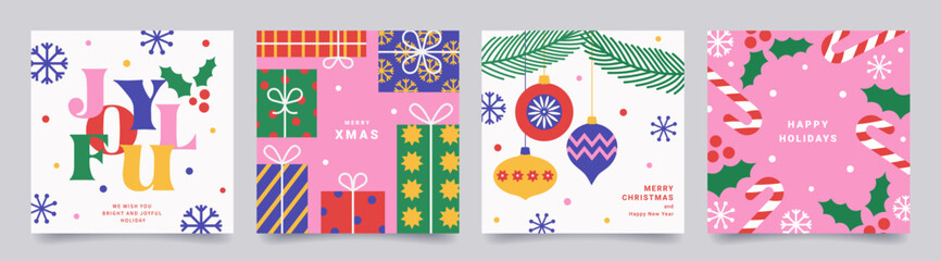Set of Merry Christmas greeting card. Trendy modern design with gifts, holly, snowflakes, branches Christmas tree decorated  balls and toys. Vector minimal templates for banner, holiday cover, poster. © Anna Bova