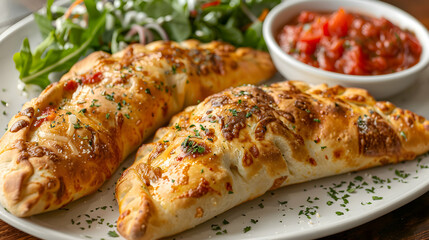Calzones served with a side of marinara and a salad, captured using an ultra HD camera with a ring light for even illumination