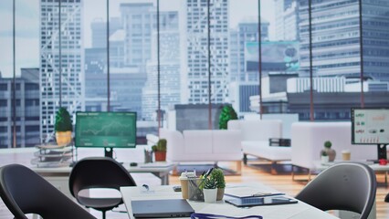 Professional high end office space with tech tools used for recruitment process, supporting global business by hiring new personnel. Job interviews for career development.