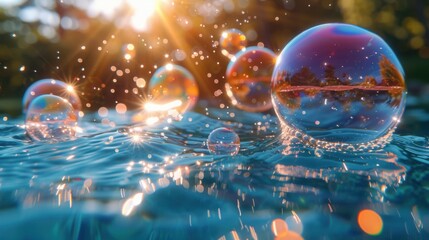 Bubbles floating in the water with the sun shining behind them