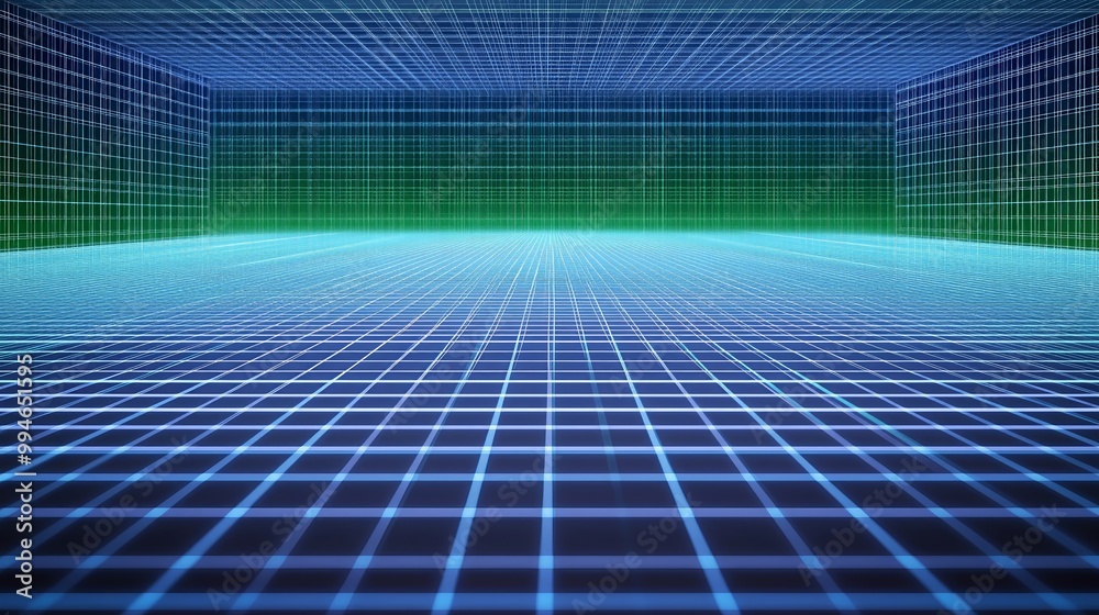 Poster Exploring a Futuristic Digital Space with Grid Patterns and Color Gradients