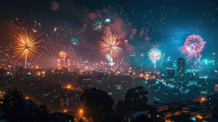Fireworks are lit up over a city at night with buildings