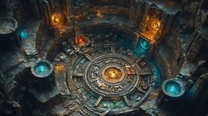 A massive underground dungeon with circular chambers, filled with glittering treasure, intricate stone carvings, and ancient mechanical traps poised to spring