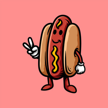 recommend clip art: fun hotdog character line art style sketch classic vintage design illustration