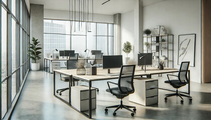 Modern minimalist office workspace with sleek desks, ergonomic chairs, large windows, bright lighting, and neutral decor. Clean and professional interior design with subtle indoor plants. AI-generated