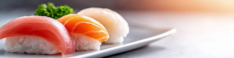 AN elegant presentation of sushi on a plate with simple minimalistic background. 
