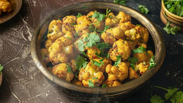 Aloo Gobi on the table moves with smoke around
